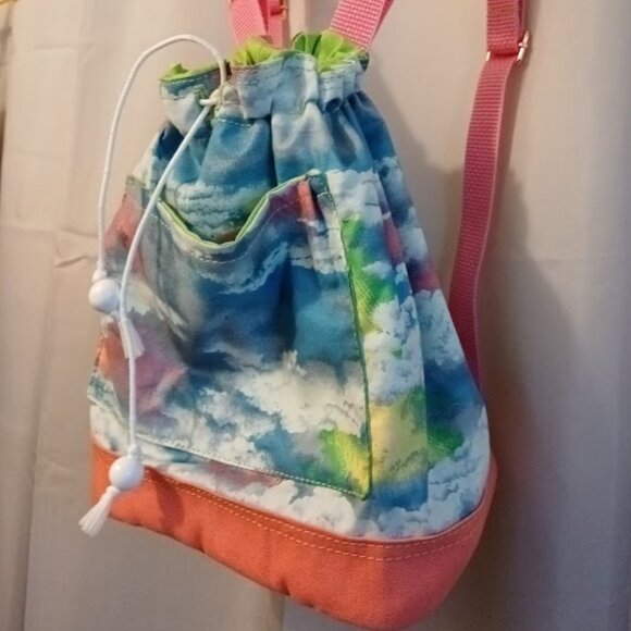 New Rainbow Clouds print Mini Backpack Sling Bag Pink Blue Green Drawstring tote - Picture 3 of 9